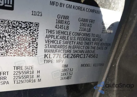 2024 Chevrolet Trax Fwd 1Rs из США, поврежденный, VIN KL77LGE26RC174561